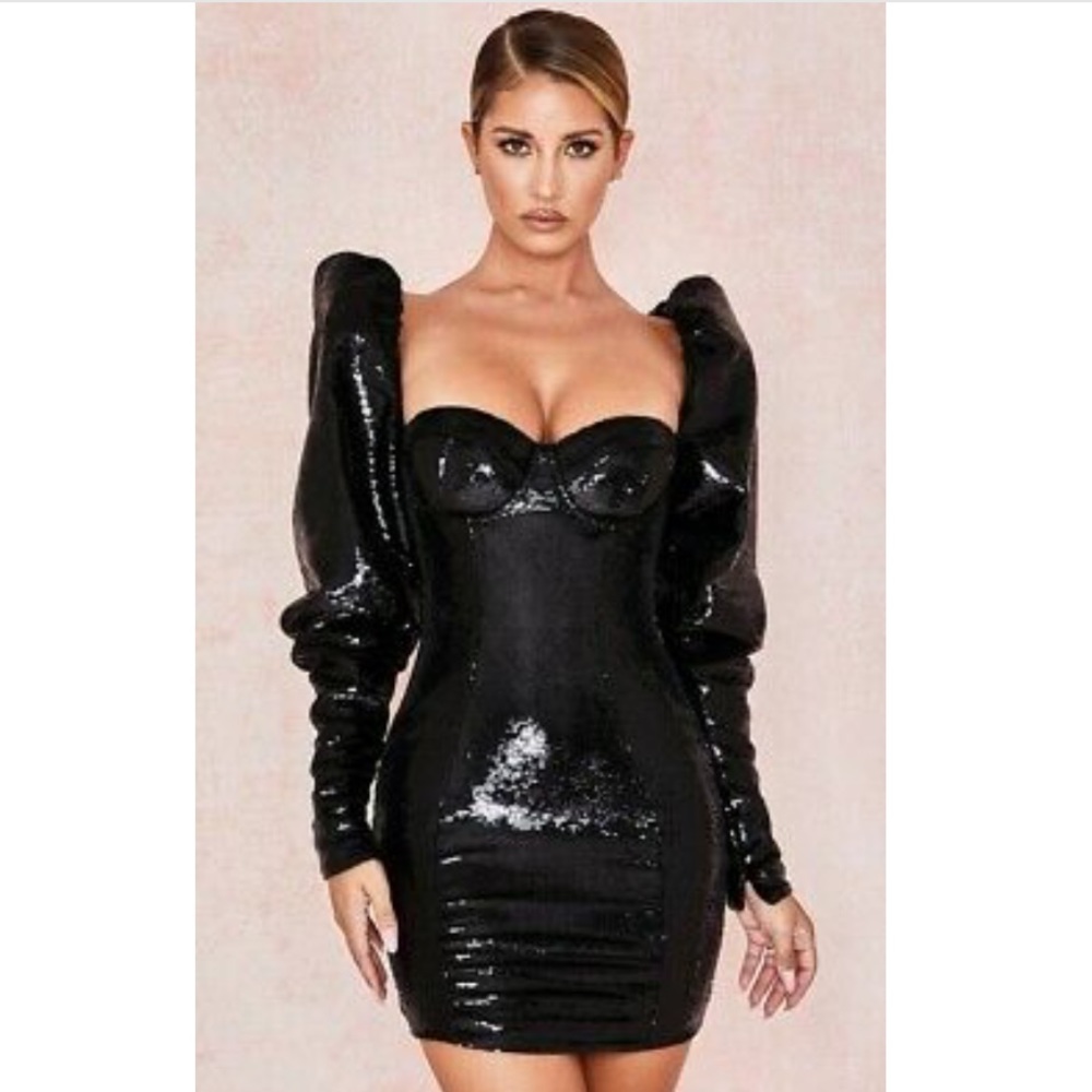 BLACK SEQUIN PUFF SLEEVE DRESS